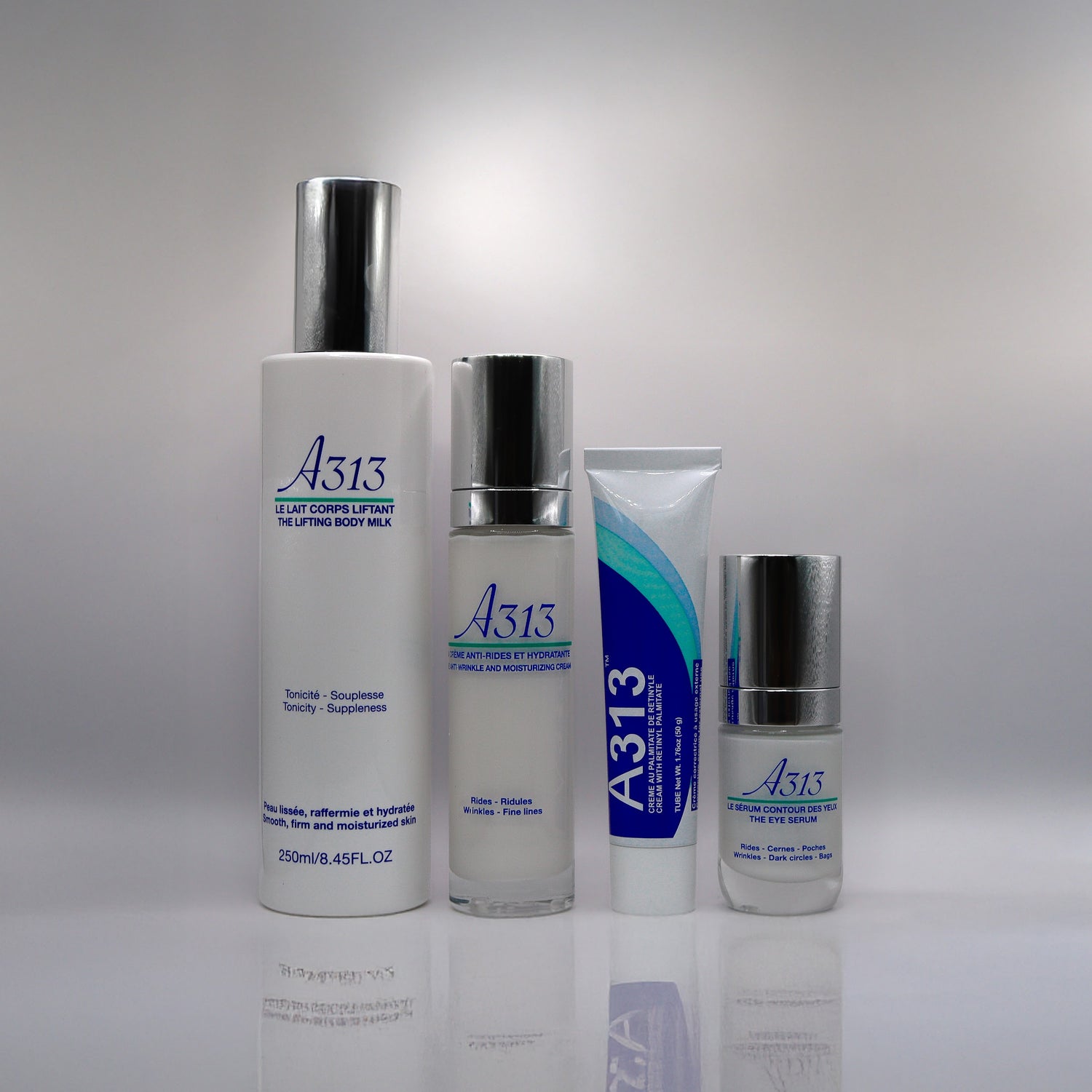 Het A313 huidverzorgingsassortiment: anti-rimpelcrème, oogcontourserum en liftende body milk