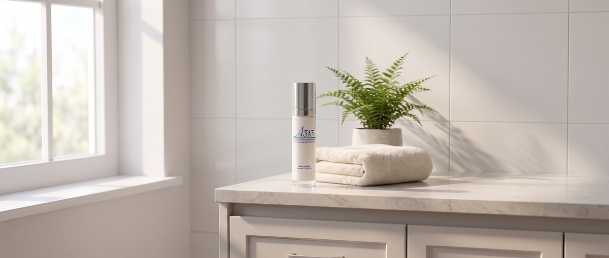 A313 Anti-Wrinkle Moisturizing Face Cream pump bottle on a pale marble bathroom counter beside a folded towel in soft morning light