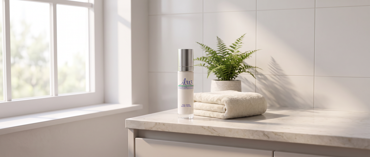 A313 Anti-Wrinkle Moisturizing Face Cream pump bottle on a pale marble bathroom counter beside a folded cream towel in soft morning light